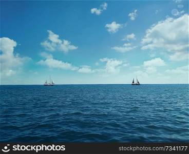 Two ships floating on the ocean in a sunny day