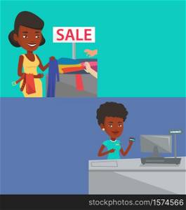 Two shopping banners with space for text. Vector flat design. Horizontal layout. Woman buying clothes at store on sale. Woman choosing clothes in shop on sale. African-american woman running on sale.. Two shopping banners with space for text.