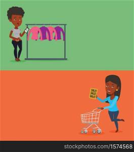 Two shopping banners with space for text. Vector flat design. Horizontal layout. Woman shocked by price tag in clothes store. Woman looking at price tag in clothes store. Woman staring at price tag.. Two shopping banners with space for text.