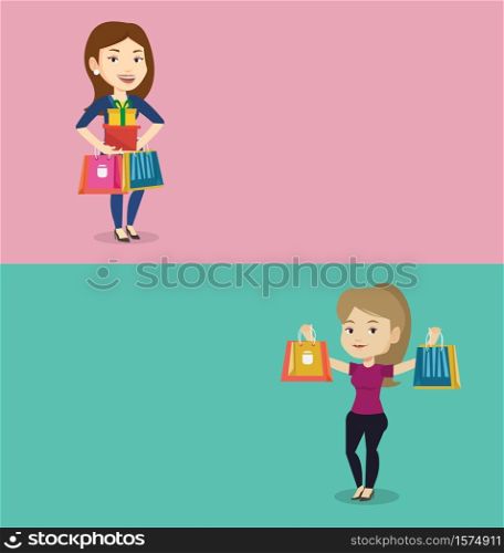 Two shopping banners with space for text. Vector flat design. Horizontal layout. Young smiling woman holding shopping bags and gift boxes. Happy caucasian woman carrying shopping bags and gift boxes.. Two shopping banners with space for text.