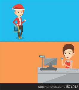 Two shopping banners with space for text. Vector flat design. Horizontal layout. Cashier holding credit card at the checkout in supermarket. Caucasian cashier working at the checkout in a supermarket.. Two shopping banners with space for text.