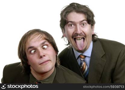 two silly young business men portrait on white