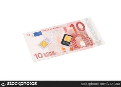 Two SIM cards for cellular phones on euro bill isolated
