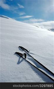 Two ski poles in the snow; vertical orientation