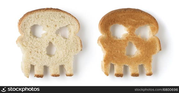 Two skull shaped slices of bread isolated on white background. Concept danger from gluten