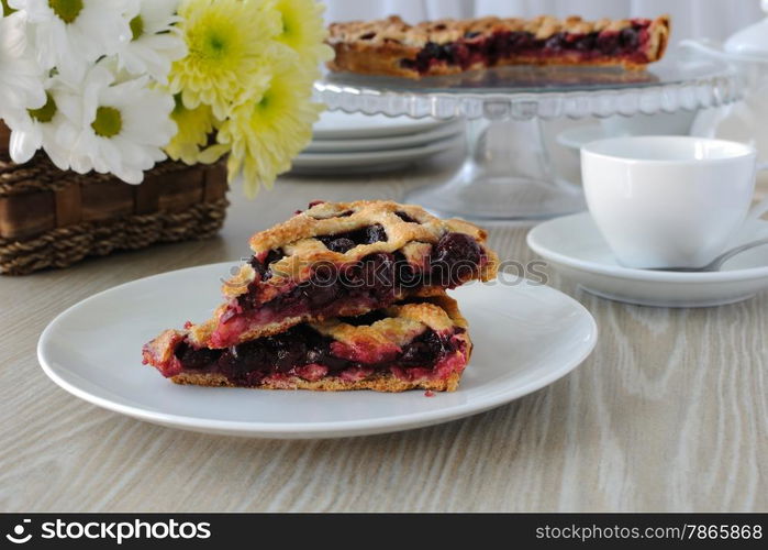 Two slice of cherry pie on a plate on the table