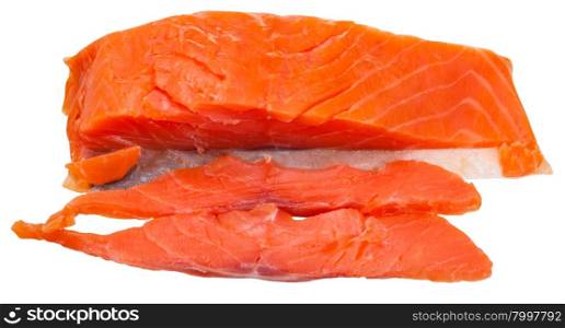 two slices and piece of lighty smoked atlantic salmon red fish isolated on white background