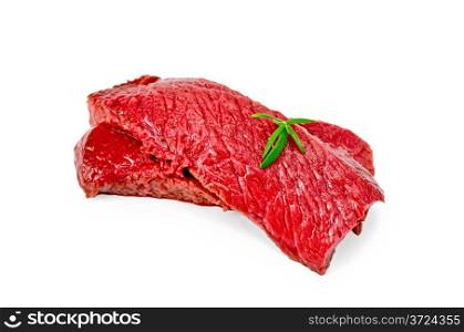 Two slices of beef, rosemary isolated on white background
