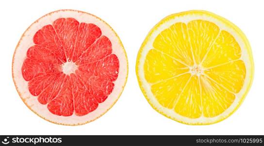 Two slices orange and grapefruit isolated on white background.