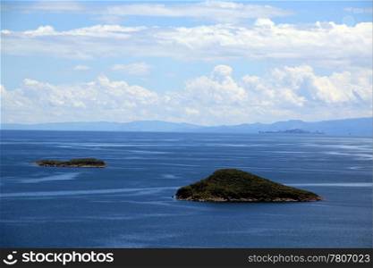 Two smal islands and lake Titicaca, Bolivia