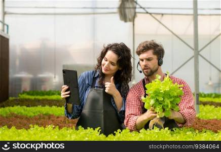 Two small businesspeople organic vegetable garden owner currently introducing customers and showing them his organic vegetable garden via online system.