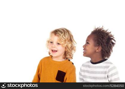 Two small children laughing isolated on a white backround