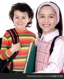 Two smalls students a over white background