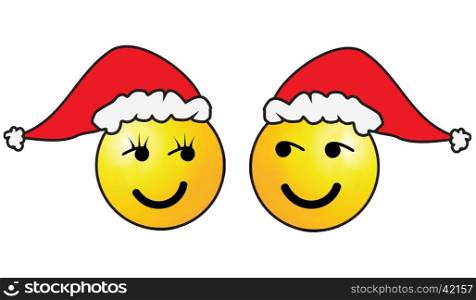 Two smileys with christmas hat or santa hat, man and woman
