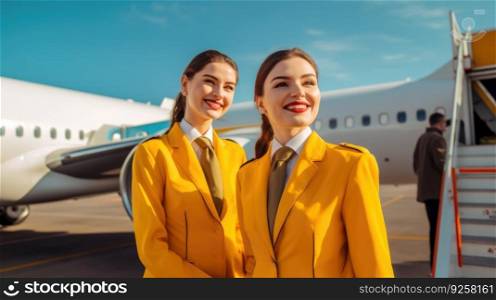 Two smiling air hostesses in yellow suit standing in front of airplane entrance under blue sky. Generative AI AIG21.