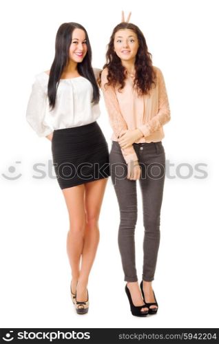 Two smiling funny girls isolated