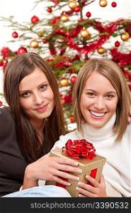 Two smiling women with Christmas present in front of tree