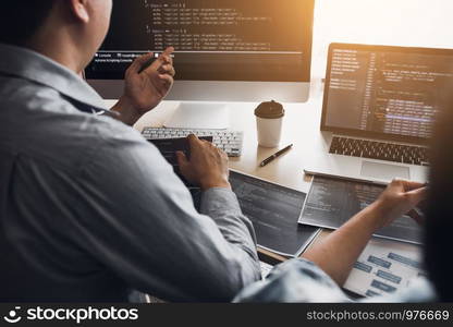 Two software developers are using computers to work together with their partner at the office desk.