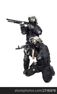 Two spec ops soldiers in black uniform in action
