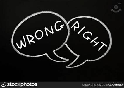 Two speech bubbles drawn with chalk on a blackboard for Right and Wrong