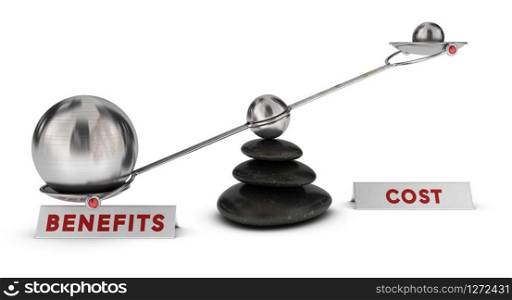 Two spheres with different sizes on a seesaw plus two signs cost and benefits over white background, marketing analysis concept or symbol. Cost and Benefits