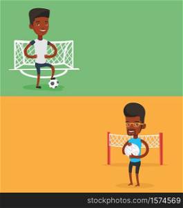 Two sport banners with space for text. Vector flat design. Horizontal layout. African sportsman holding volleyball ball in hands. Beach volleyball player standing on the background of voleyball net.. Two sport banners with space for text.