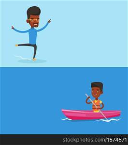 Two sport banners with space for text. Vector flat design. Horizontal layout. African-american man riding in a kayak in the river. Man with skull in hands traveling by kayak. Young kayaker paddling.. Two sport banners with space for text.