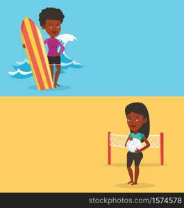 Two sport banners with space for text. Vector flat design. Horizontal layout. Woman standing with a surfboard on the beach. African surfer with a surf board at the beach on the background of sea wave.. Two sport banners with space for text.