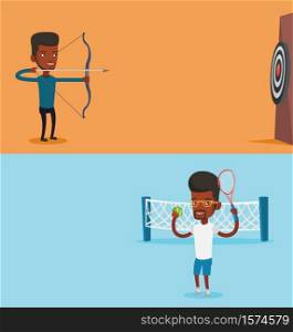Two sport banners with space for text. Vector flat design. Horizontal layout. Tennis player standing on the court. Tennis player holding a racket and a ball. African-american man playing tennis.. Two sport banners with space for text.