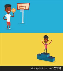 Two sport banners with space for text. Vector flat design. Horizontal layout. African sportsman with gold medal and raised hands standing on the winners podium. Man celebrating on the winners podium.. Two sport banners with space for text.