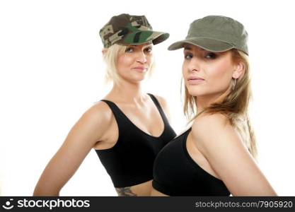 Two sporty women in military caps isolated on white background.