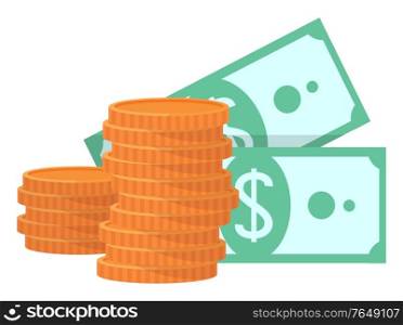 Two stacks of gold coins and two green banknotes with dollar sign. Currency savings, cash earning, isolated on white, money symbol icon flat vector. Stack of Gold Coins, Money, Cash, Dollars Vector