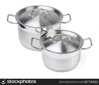 Two stainless steel pots. Isolated on white background with clipping pathg