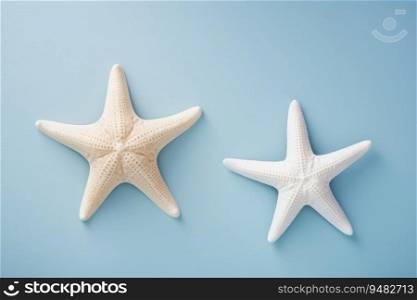 Two starfish are lying on a blue background. Place for text. Two starfish are lying on a blue background