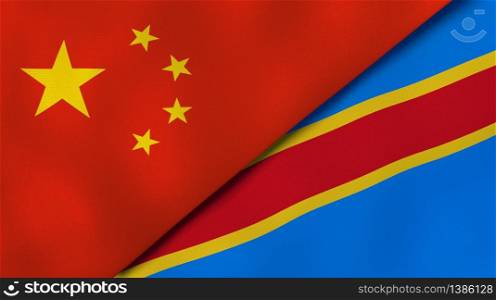 Two states flags of China and DR Congo. High quality business background. 3d illustration. The flags of China and DR Congo. News, reportage, business background. 3d illustration