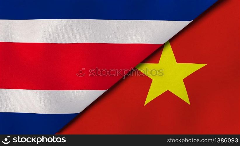 Two states flags of Costa Rica and Vietnam. High quality business background. 3d illustration. The flags of Costa Rica and Vietnam. News, reportage, business background. 3d illustration