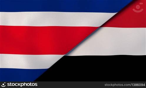 Two states flags of Costa Rica and Yemen. High quality business background. 3d illustration. The flags of Costa Rica and Yemen. News, reportage, business background. 3d illustration