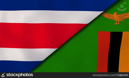 Two states flags of Costa Rica and Zambia. High quality business background. 3d illustration. The flags of Costa Rica and Zambia. News, reportage, business background. 3d illustration
