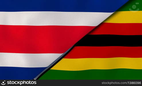 Two states flags of Costa Rica and Zimbabwe. High quality business background. 3d illustration. The flags of Costa Rica and Zimbabwe. News, reportage, business background. 3d illustration