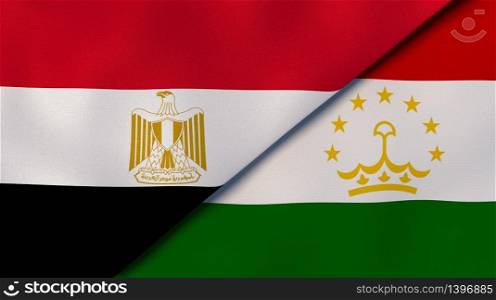 Two states flags of Egypt and Tajikistan. High quality business background. 3d illustration. The flags of Egypt and Tajikistan. News, reportage, business background. 3d illustration