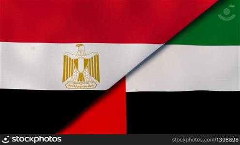 Two states flags of Egypt and United Arab Emirates. High quality business background. 3d illustration. The flags of Egypt and United Arab Emirates. News, reportage, business background. 3d illustration
