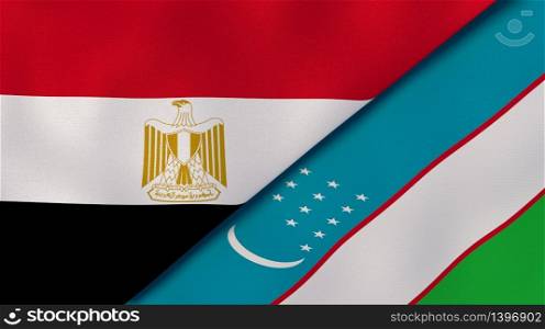 Two states flags of Egypt and Uzbekistan. High quality business background. 3d illustration. The flags of Egypt and Uzbekistan. News, reportage, business background. 3d illustration