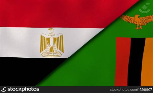 Two states flags of Egypt and Zambia. High quality business background. 3d illustration. The flags of Egypt and Zambia. News, reportage, business background. 3d illustration