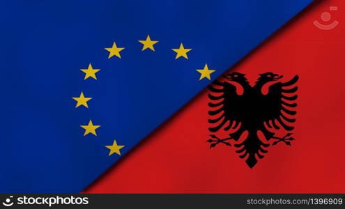 Two states flags of European Union and Albania. High quality business background. 3d illustration. The flags of European Union and Albania. News, reportage, business background. 3d illustration