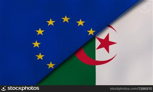 Two states flags of European Union and Algeria. High quality business background. 3d illustration. The flags of European Union and Algeria. News, reportage, business background. 3d illustration