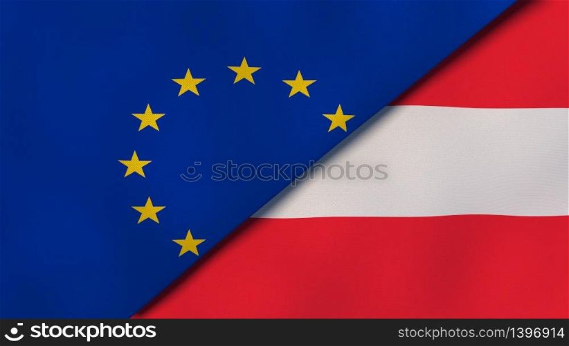 Two states flags of European Union and Austria. High quality business background. 3d illustration. The flags of European Union and Austria. News, reportage, business background. 3d illustration