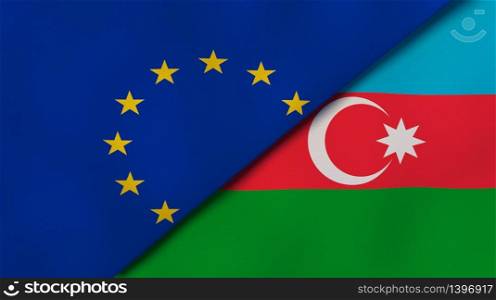 Two states flags of European Union and Azerbaijan. High quality business background. 3d illustration. The flags of European Union and Azerbaijan. News, reportage, business background. 3d illustration
