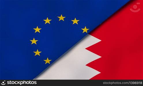 Two states flags of European Union and Bahrain. High quality business background. 3d illustration. The flags of European Union and Bahrain. News, reportage, business background. 3d illustration