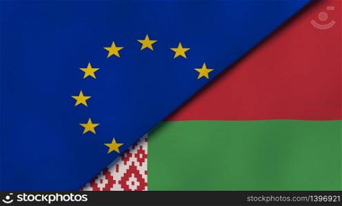 Two states flags of European Union and Belarus. High quality business background. 3d illustration. The flags of European Union and Belarus. News, reportage, business background. 3d illustration