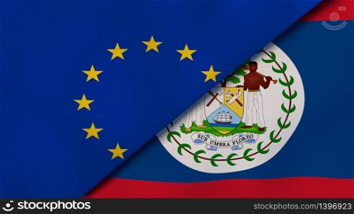 Two states flags of European Union and Belize. High quality business background. 3d illustration. The flags of European Union and Belize. News, reportage, business background. 3d illustration